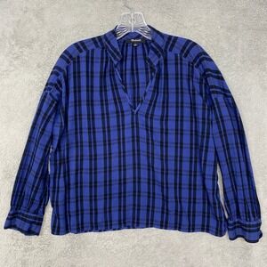 Madewell Womens Top Small Blue Black Plaid Long Sleeve V Neck Shirt Popover
